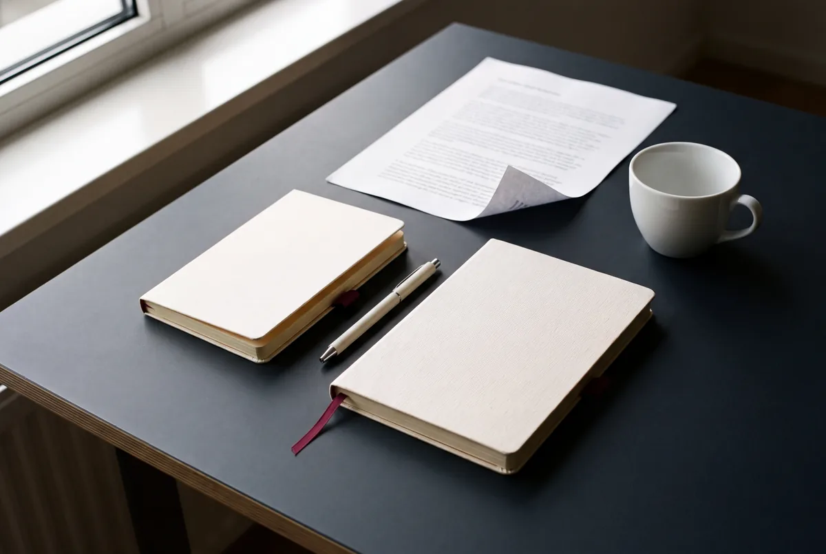 Schreibtisch mit Notizbuch, Stift und einem gedruckten Normendokument