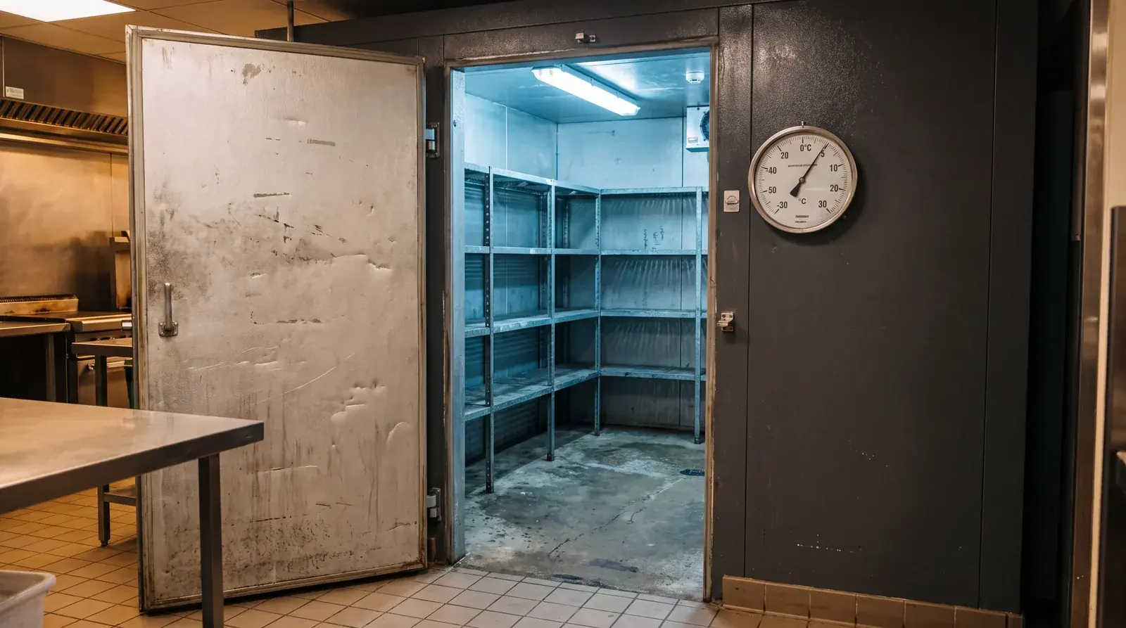 Kühltisch und Kühlschrank in einer Gastroküche